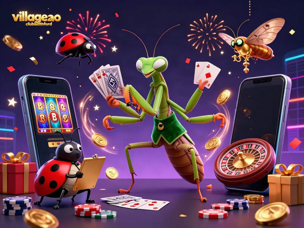 Experience thrilling gameplay at villageclubbathford with a giant mantis card sharp and ladybug pit boss in a vibrant casino scene.