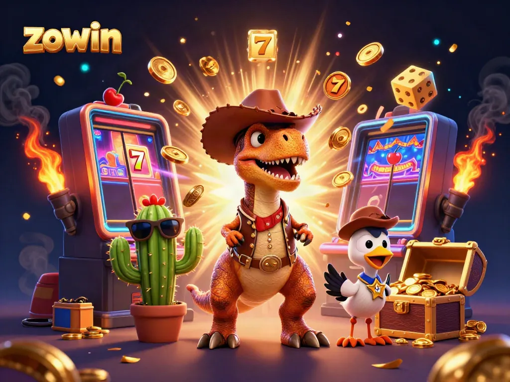 Zowin's thrilling casino scene with a cowboy dinosaur, cactus, and roadrunner capturing the jackpot excitement