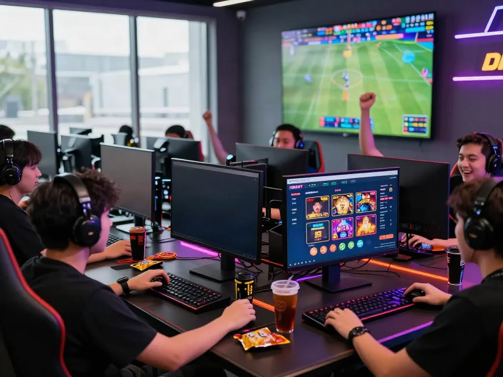 Exciting gaming session at DEBET.com with gamers enjoying casino and betting options.