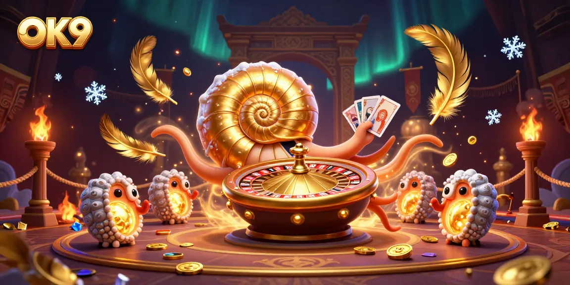 Engage with OK9's dynamic casino scene featuring a giant nautilus roulette and glowing ammonites.