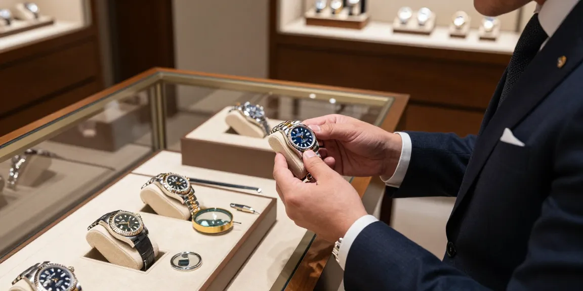 Luxury watch enthusiast exploring rolex super clone watches in an upscale jewelry store setting.