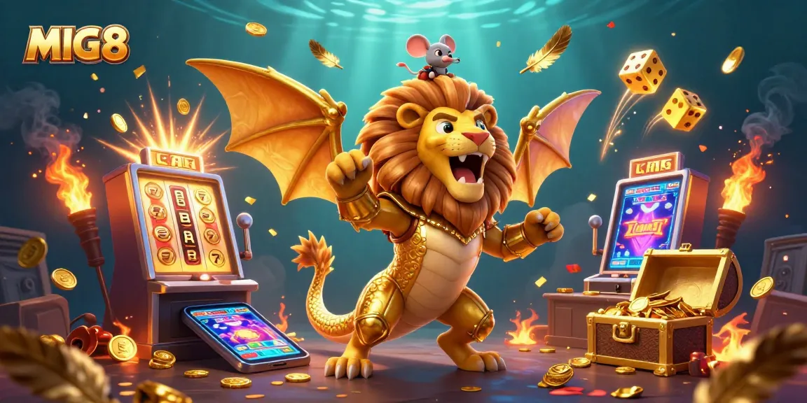 MIG8 offers thrilling slots and casino experiences with a vibrant illustration featuring a chimera and dynamic gaming elements.