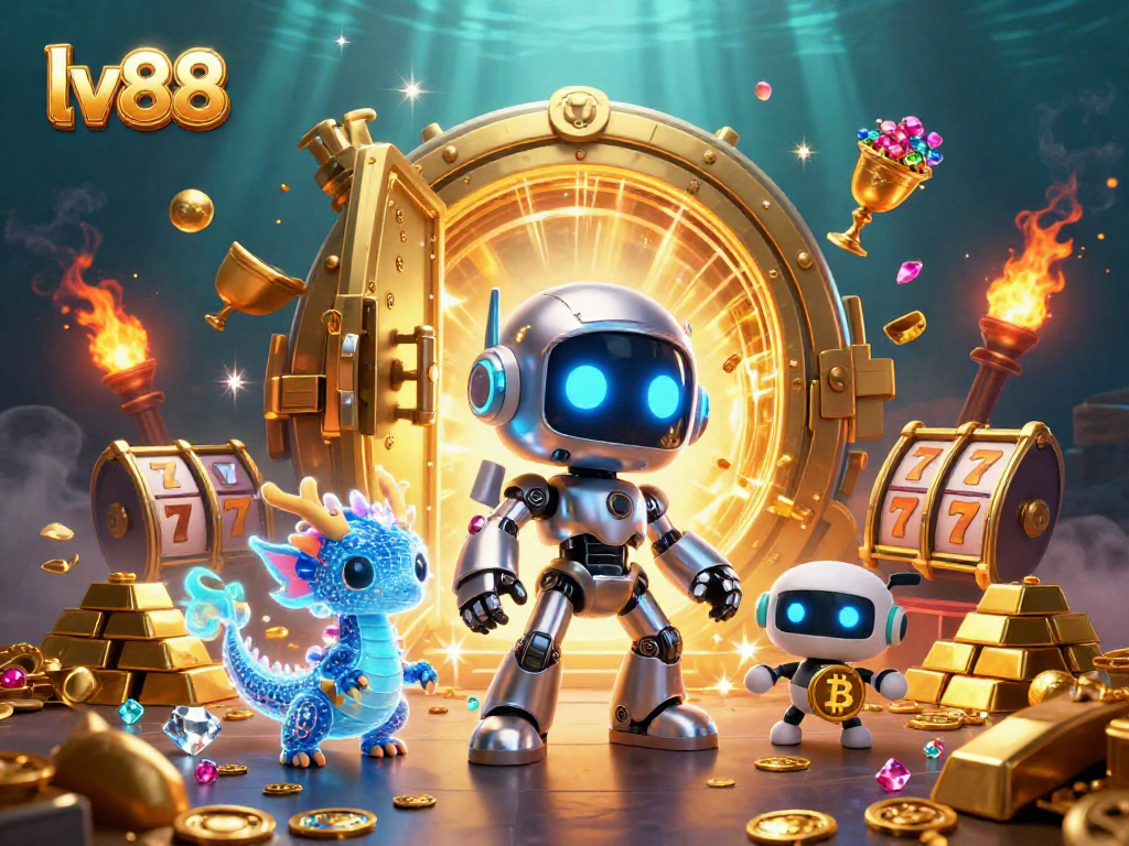 Engage with lv88’s vibrant casino world featuring a cartoon robot, AI dragon, and bitcoin drone in a treasure scene.