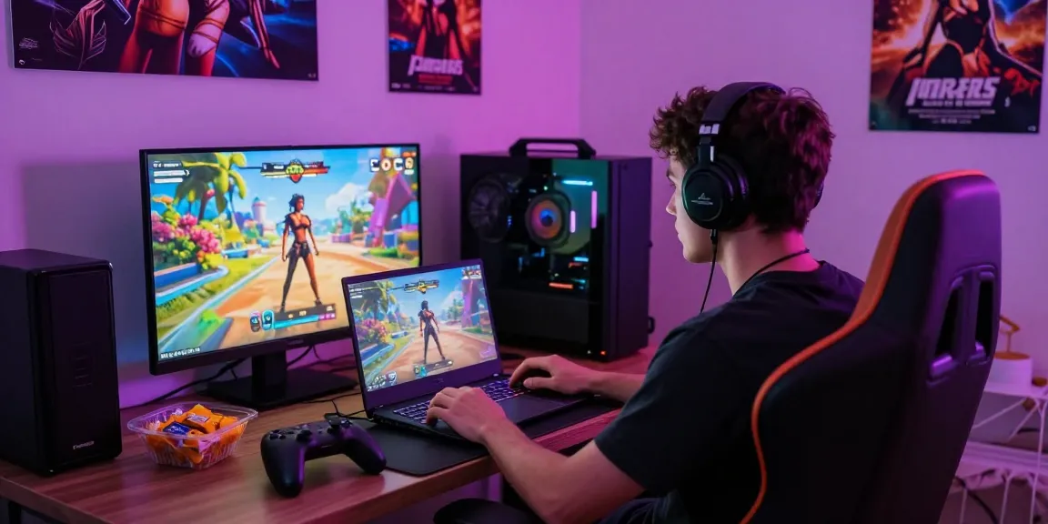Player enjoying a sex simulator on a gaming laptop in a colorful bedroom