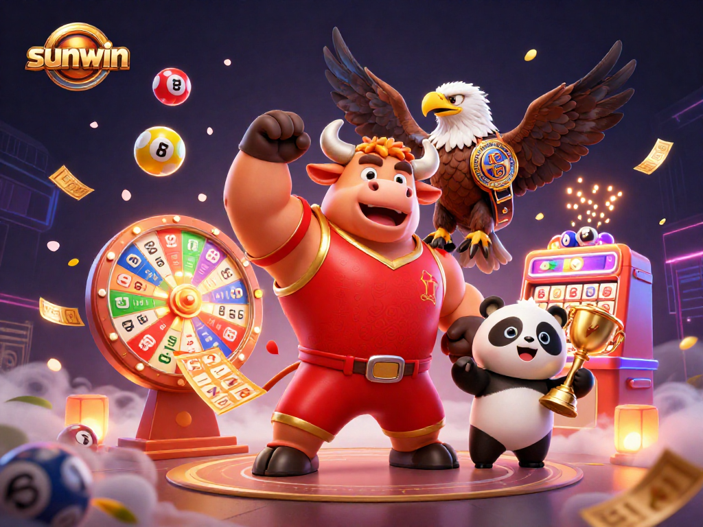 Celebrate wins with sunwin's dynamic gaming scene featuring a victorious bull mascot.