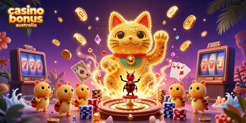 Engage with the vibrant casino bonus australia scene featuring a lucky cat and conductor beetle amidst golden coins and roulette.