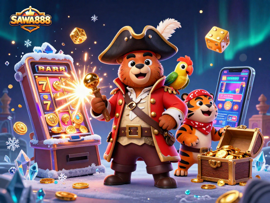 Experience the excitement of SAWA888 with an illustrated adventure showcasing vibrant casino elements and characters.