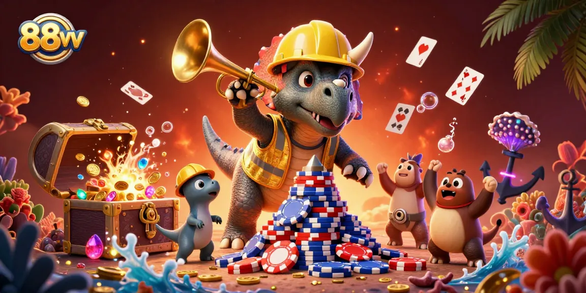 Engage with 88vv as characters celebrate a casino-themed scene with poker chips and glowing elements.