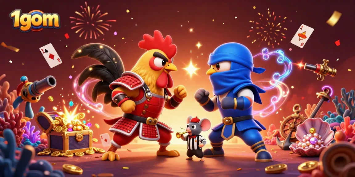 Engage with 1gom's dynamic showdown featuring roosters in an animated casino battle scene.
